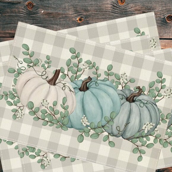 Pumpkin Placemats 4pc Fall Table Decor Thanksgiving Halloween Plaid Decorations - Picture 2 of 8